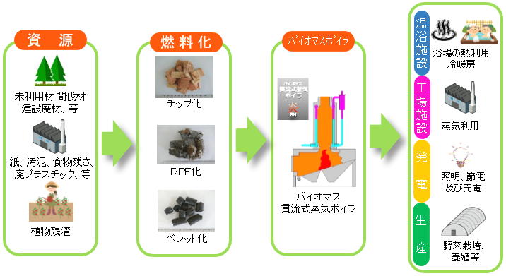 資源→燃料化→バイオマスボイラ→熱利用・蒸気利用・発電